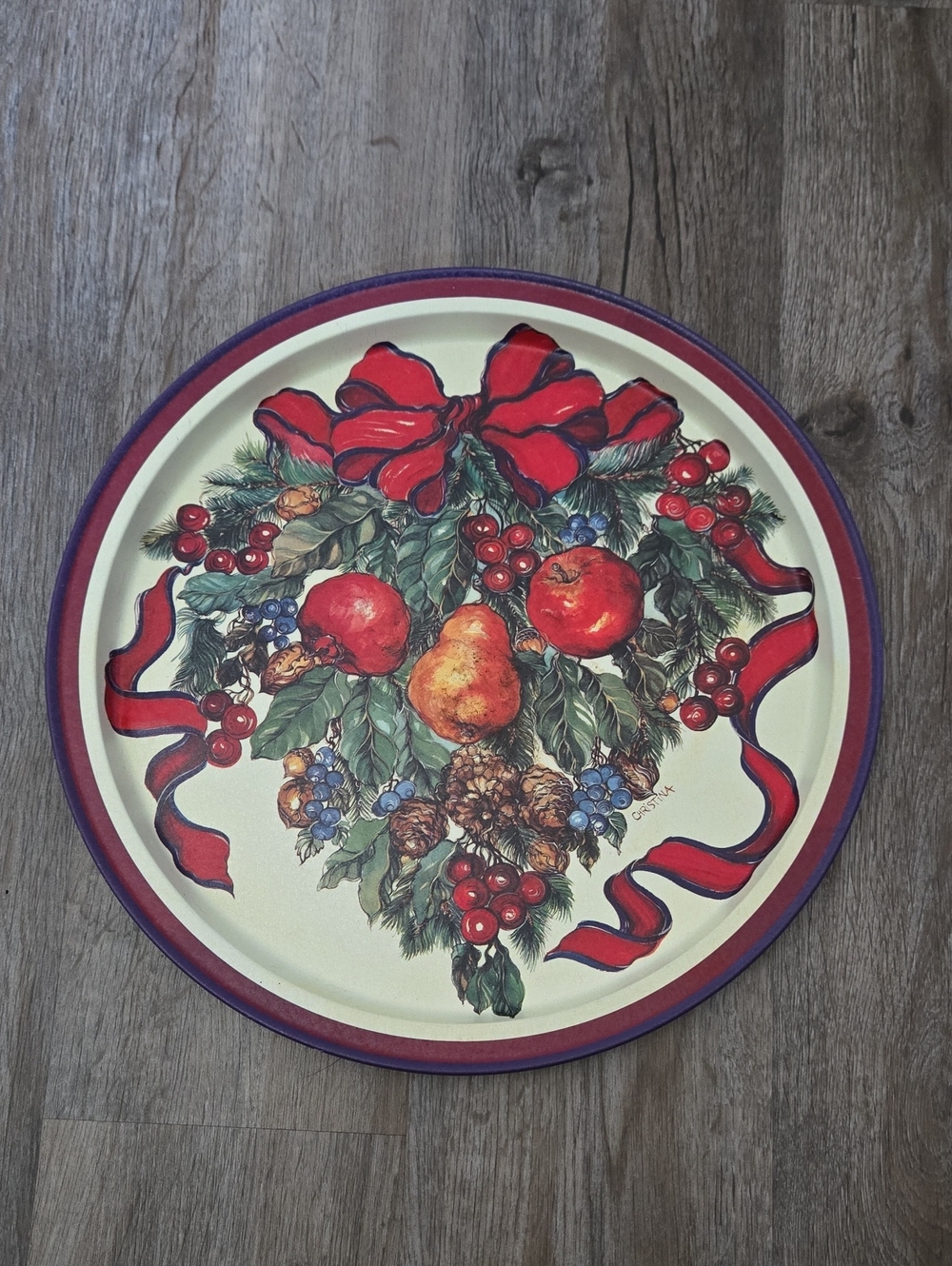 vintage 1993 Christina Ladas "Della Robbia" round metal serving tray